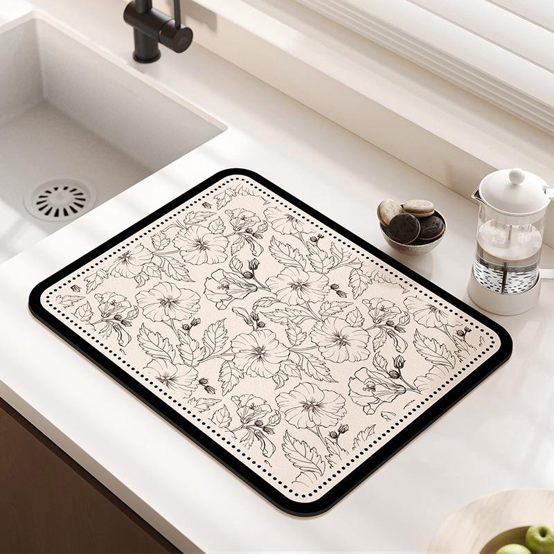 Kitchen Counter Drying Mat Floral Pattern Printed Diatomaceous Earth Absorbent Mat Desktop Tableware Dry Pad Cup Bar Mat