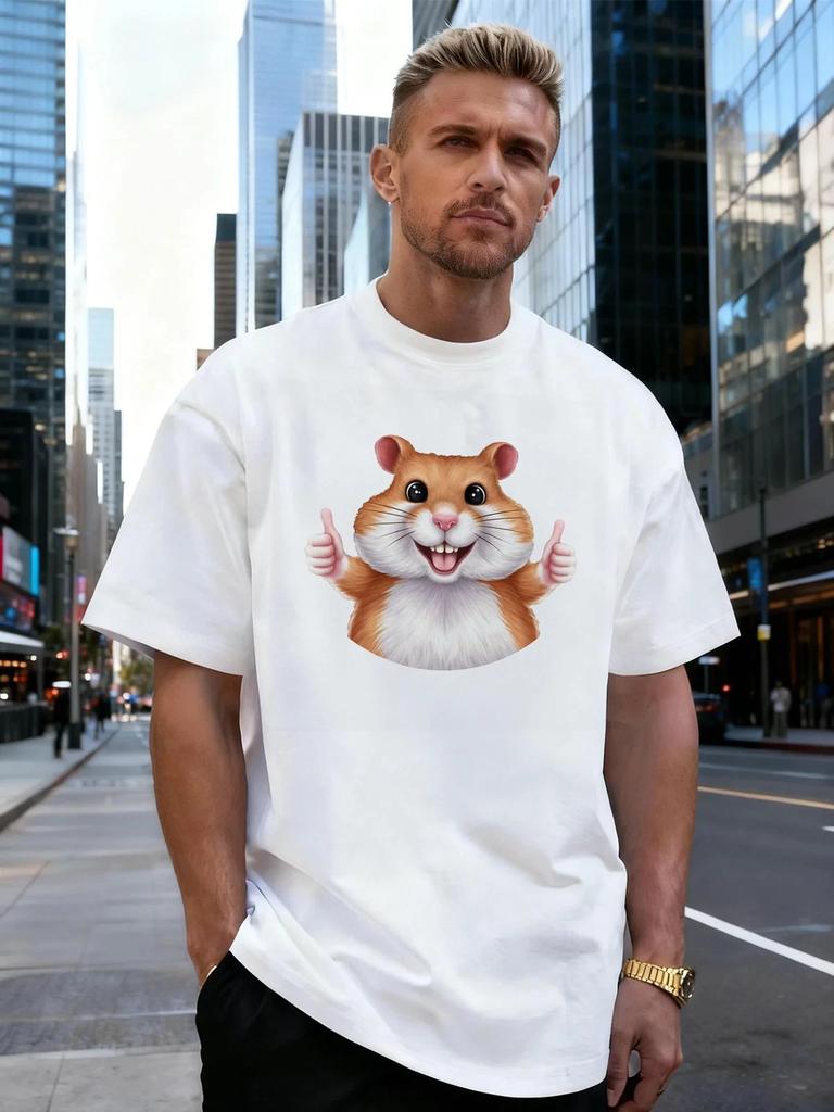 Smiling Hamster Thumbs Up Graphic 100% Cotton Men's T-Shirt,for Daily Streetwear