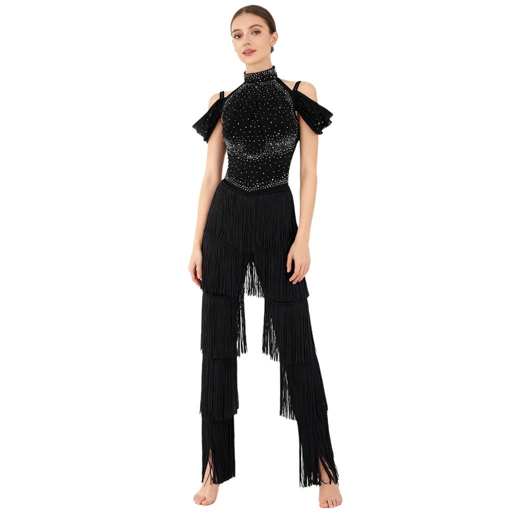 Damen Latein-Tanzparty Jumpsuit S-XXL: Halter Off-Shoulder rückenfreie Strampler mit Strasssteinen, mehrstufigen Quasten für Samba, Rumba, Gesellschaftstanz