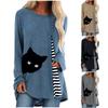 2020 New Fashion Women Cat Print Stripe Splicing Long Sleeve Plaid Top Shirt
