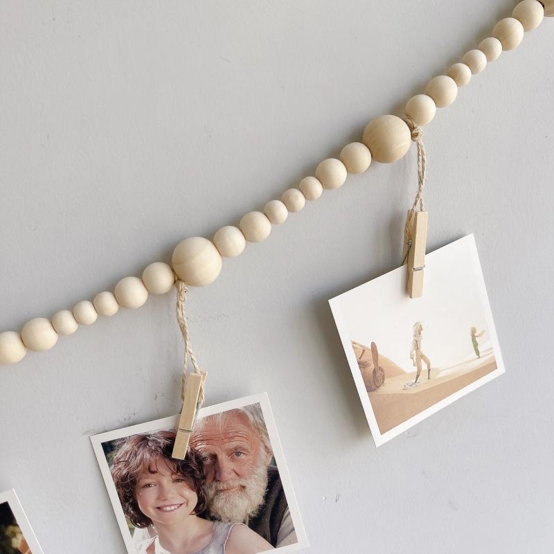 Wall Hanging Photo Display with Wooden Beads Garland Photo Storage Tassel String Wall Decor Photo Holder Rustic Family Decor