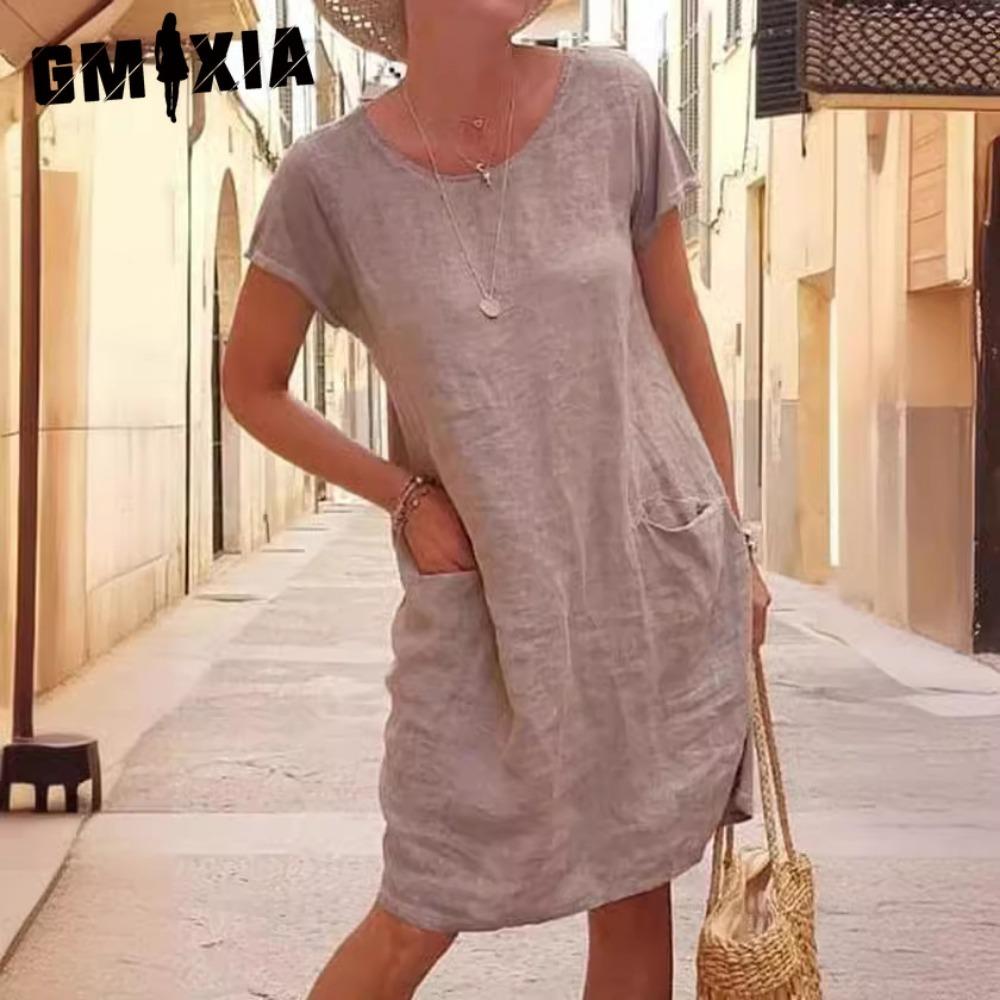 GMXIA Rochie Midi de Vară pentru Femei, Culoare Solidă, Rochie Casual Lejeră cu Buzunare, Mărimi Mari