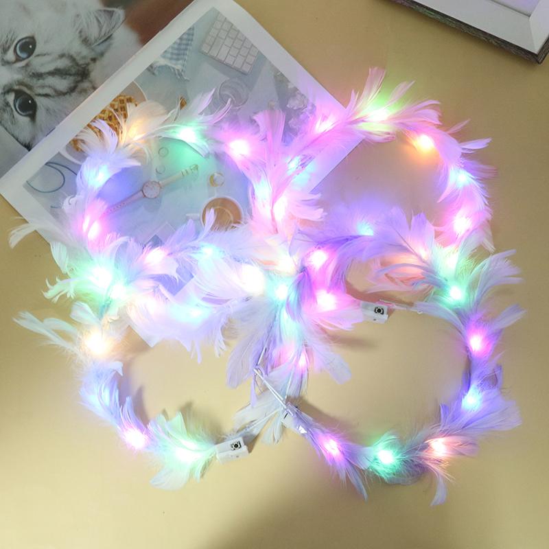 Led Feather Wreath Crown Light-Up Luminous Headdress For Women Girls Wedding Christmas Glow Party Decoration