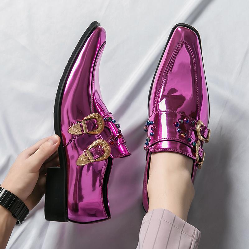 Hot Luxury Pink Mens Patent Leather Shoes Designer High Quality Pointed Chelsea Formal Shoes Man Dress Wedding Party Shoes Men