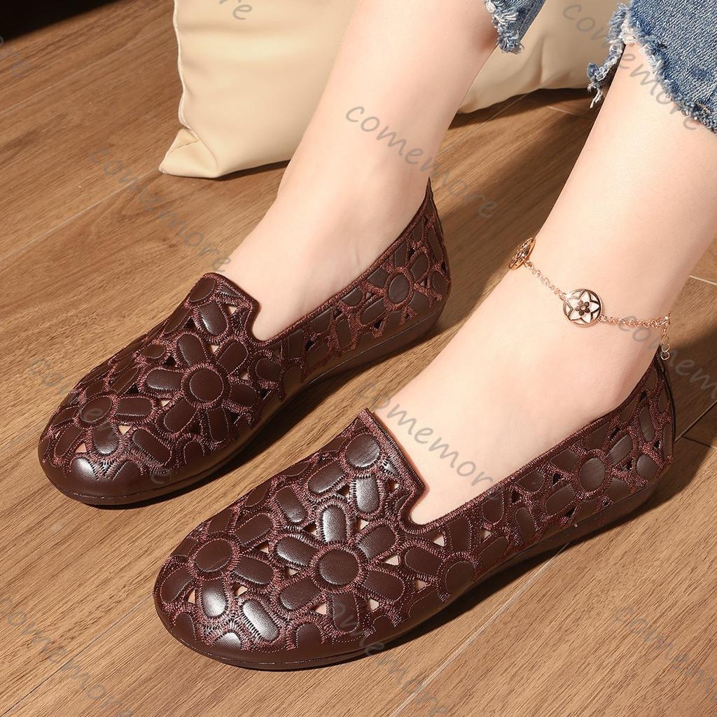 Comemore Women Flats Shoes Slip On Loafers for Women Round Toe Single Shoes Hollow Out Solid Color Large Size Flat Shoes