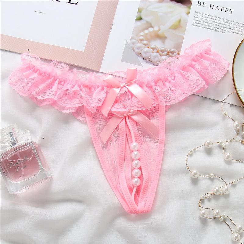 Lace Crotchless Pearl Thong - Sexy Transparent T-Pants, Plus Size, Erotic Open Crotch.