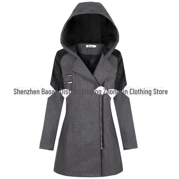 Warm Winter Coat Women Mid Length Woolen Hooded Windbreaker with Oblique Zipper