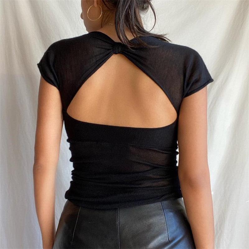 2024 Summer Women's Sexy V-Neck Backless Solid Slim Fit Short-Sleeve T-Shirt