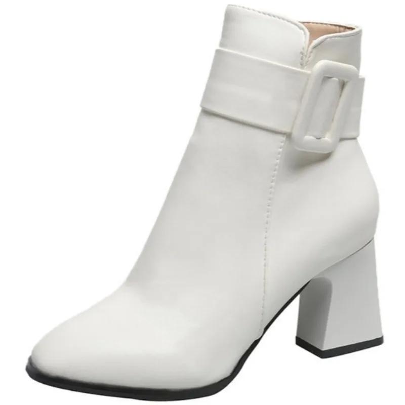 Fashion White Black Thick High Heel Ankle Boots Women 2024 Pointed Toe Keep Warm Elegant Short Booties Ladies Ankle Buckle Decoration