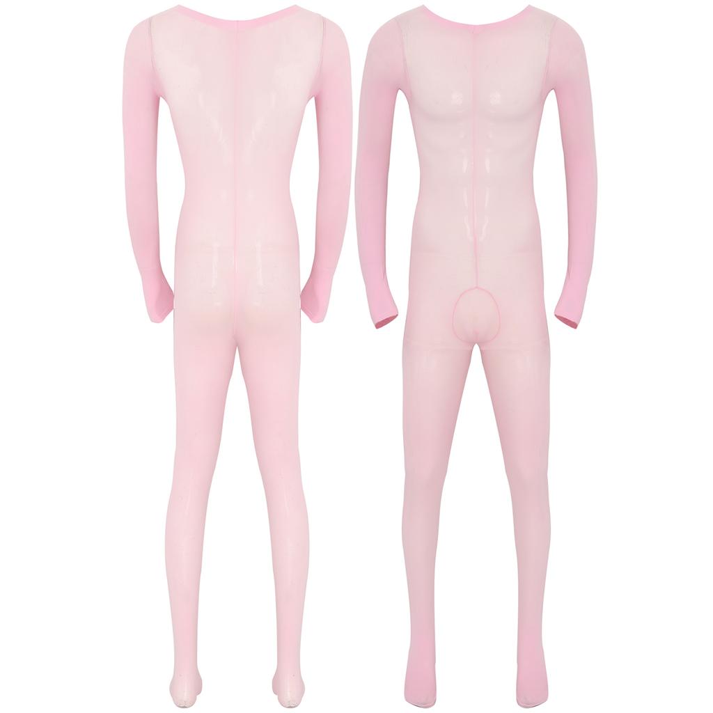 Mens Solid Color Bodystocking Long Sleeve Stretchy Bodysuit with Bulge Pouch Nightwear Underwear