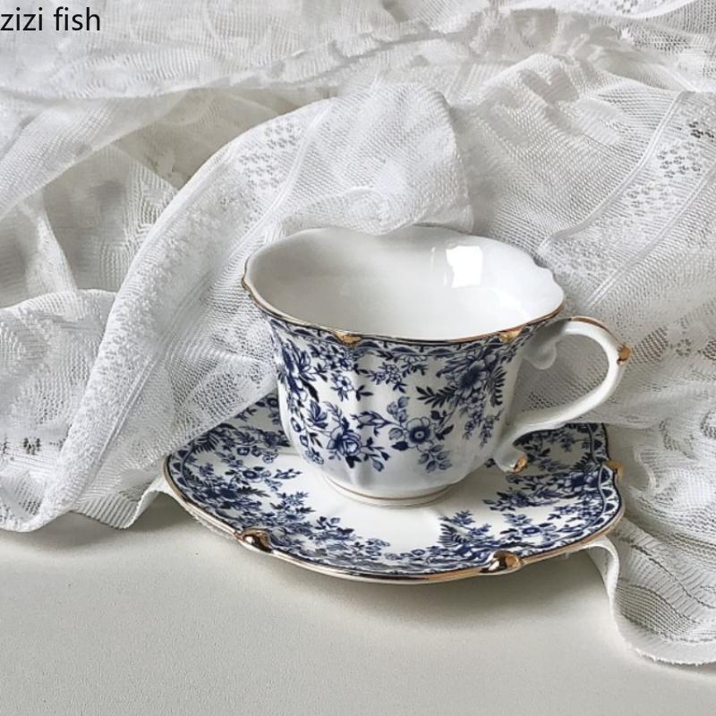 Vintage blå og hvit keramisk kaffekopp og skål Vannkopp Frokostkopp Ettermiddagste Blomstertekopper Melkekrus Kaffekrus