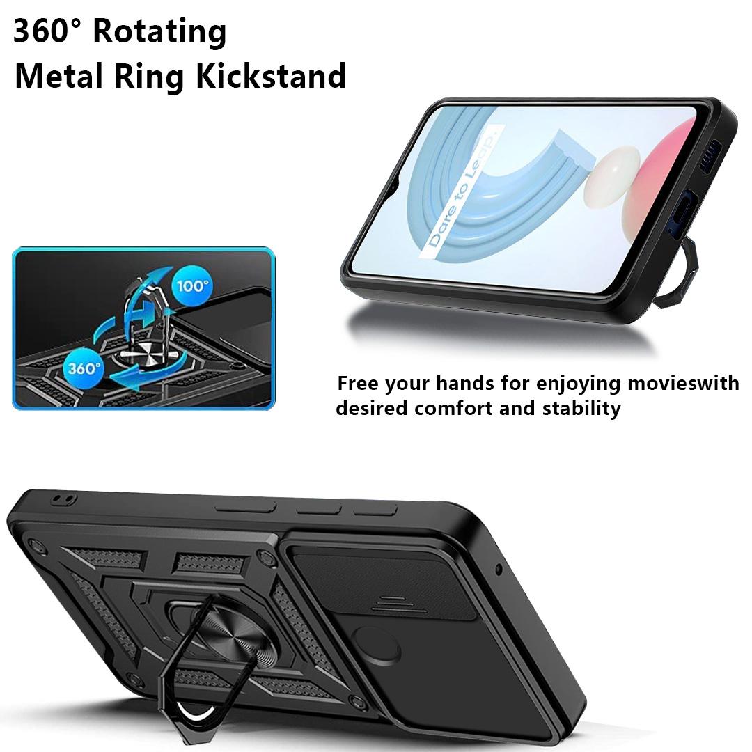 

Anti-fall Phone Case Camera Slide Cover PC+TPU Hybrid Protective Shell with Ring Kickstand for Realme C21Y Black