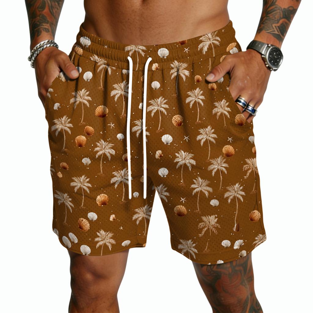 Mens Board Shorts with Drawstring Waist and Tropical Tree Print Quick Dry Swim Trunks for Beach Surf Sports
