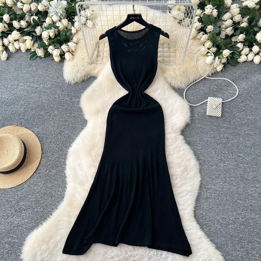 2025 Spring New Knitted Beach Long Dress Summer Women's Slim-fit Slimming Hollow-out Waisted Slim-fit Sleeveless Dress