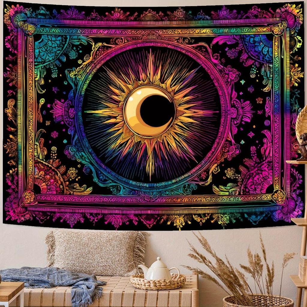 Blacklight Sun And Tapestry Glow in The Dark Neon Hippie Bohemian Tapestries for Bedroom Aesthetic UV Reactive Purple Celestial Tie Dye Tapestry Wall