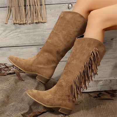 Moda Outono Faux Camurça Salto Quadrado Botas Longas Femininas Retro Borla Botas Altas Até o Joelho Salto Grosso Botas Ocidentais Femininas Botas Casuais