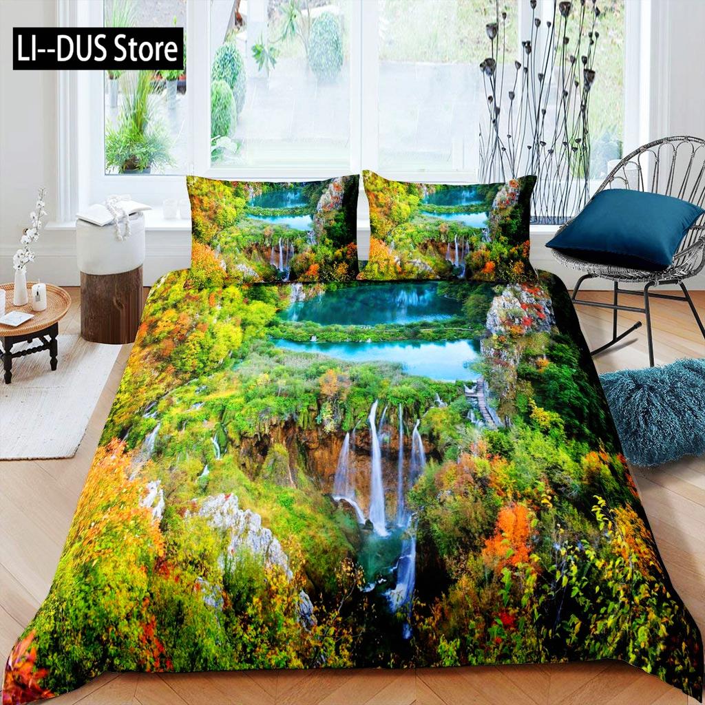 Set Copripiumino Natura, Cascata Scrosciante Decorativo Set Biancheria da Letto a 3 Pezzi con 2 Federe, Misura Queen Full, Verde Felce Blu