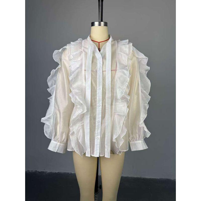 

Модная ветровка Сексуальный прозрачный топ с длинными рукавами Сексуальная рубашка с прозрачными оборками White L