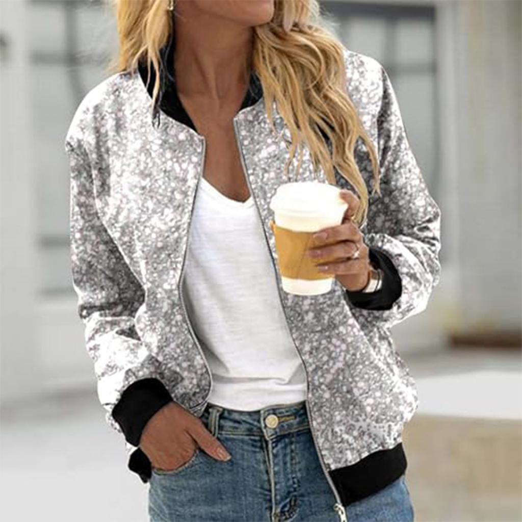 Women's Fashion Long Sleeve Sequin Print Round Neck Zip Jacket
