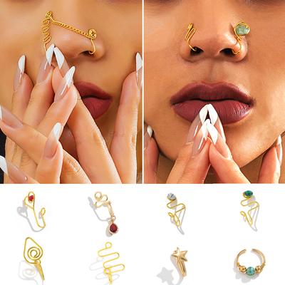 Accessoires, ethnischer Wind Kies umwickelt Metall-Nasenclip Damen, Mehrfachstern und Mond Herzförmige unregelmäßige Nasenaccessoires
