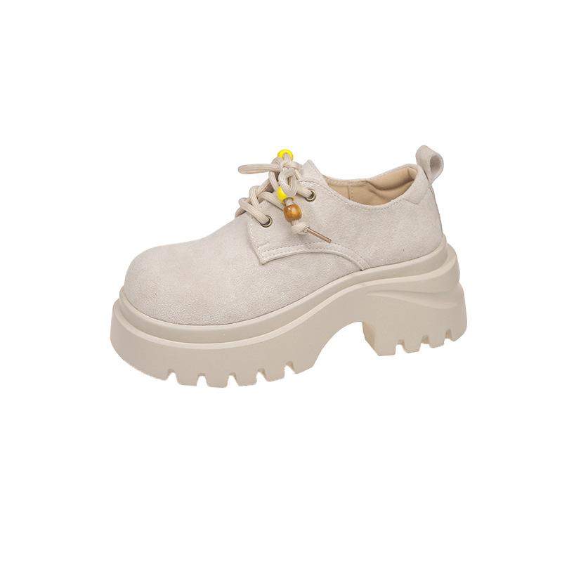 Big head beaded thick sole women's new retro versatile small height increase small leather shoes