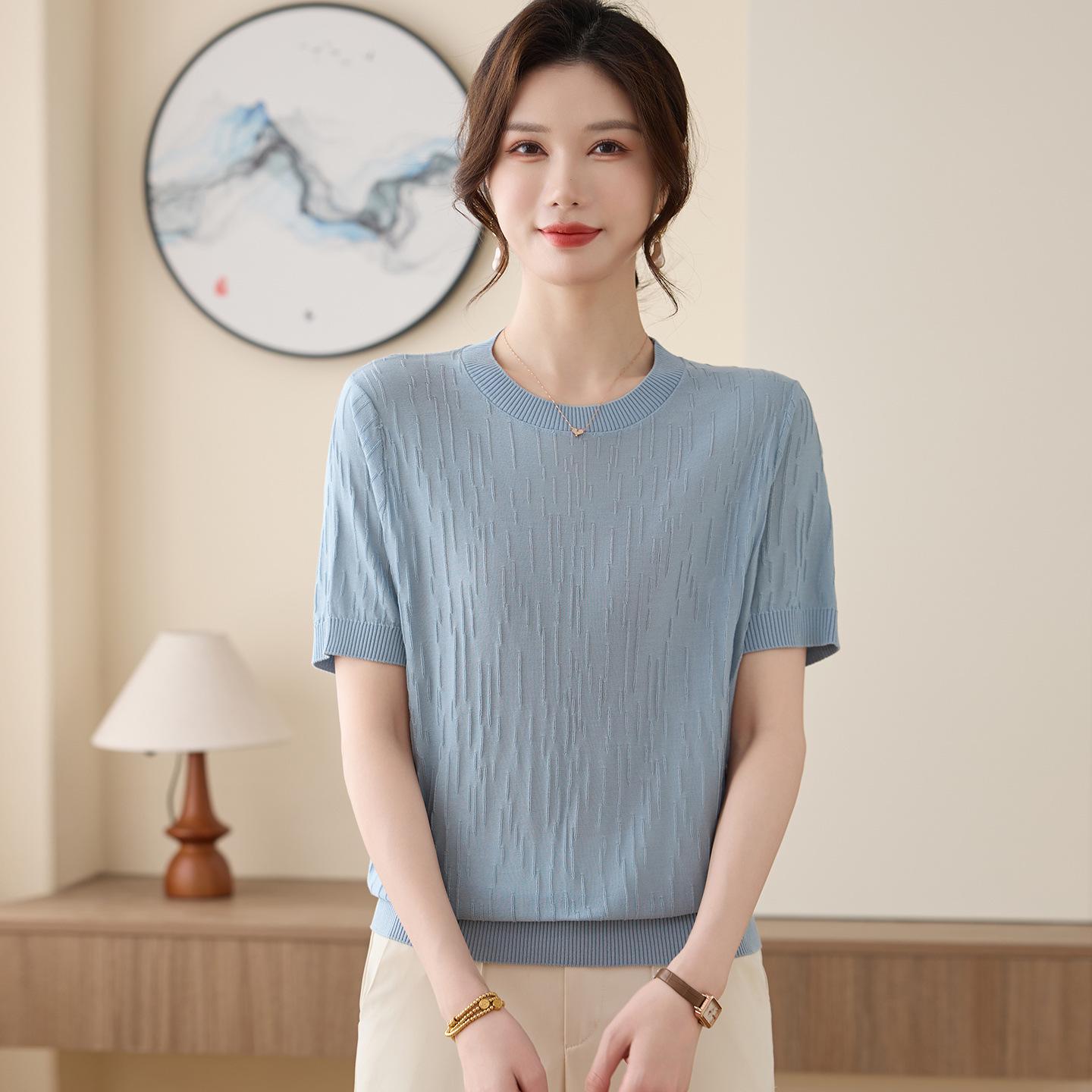 

Tencel 2026 Summer Short-Sleeve Ice Silk T-Shirt for Middle-Aged & Elderly Women - Stylish Mom s Top 2XL (110-120 lbs) синий