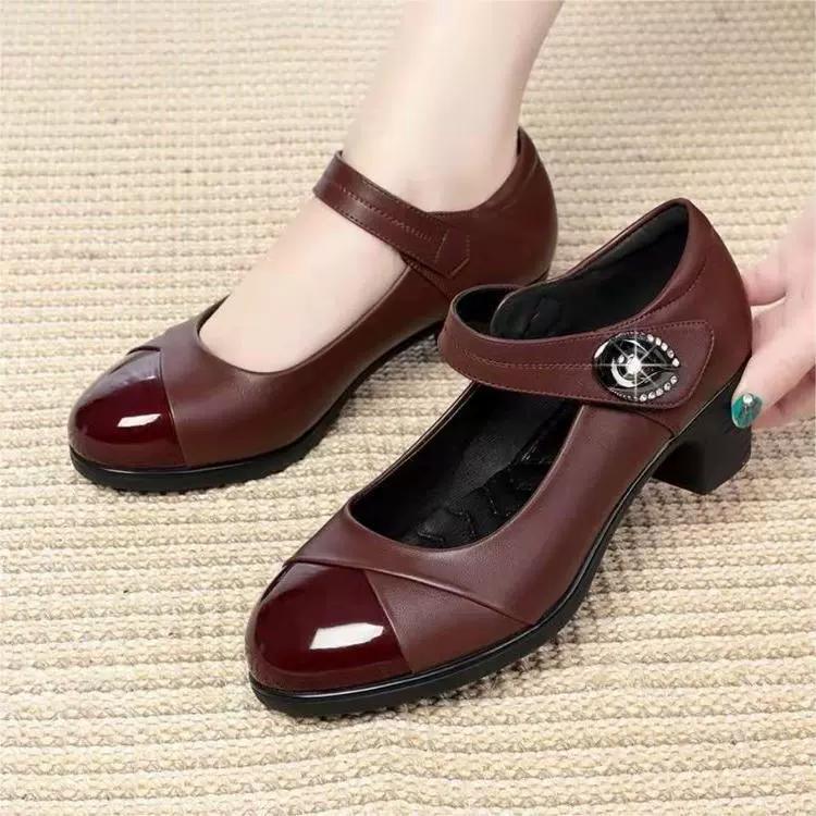 Damenschuhe für vier Jahreszeiten, bequeme Damenschuhe mit weicher Sohle, schräger Absatz, klobige Damenschuhe, Klettverschluss