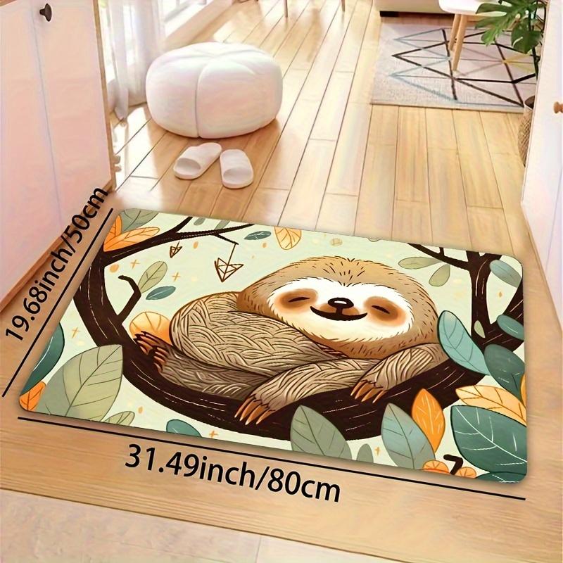 Cute Cartoon Sloth and Leaves Print Area Rug, Aesthetic Neutral Floor Mat for Nursery Bedroom, Washable Indoor Decor Carpet