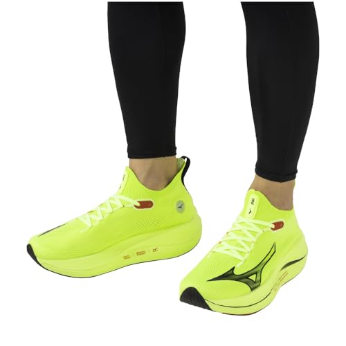 Mizuno NEO VISTA Running Shoes, Jogging, Marathon, Training, Sports, Lightweight, Resilient, Thick Sole, Yellow Lime x Black x Red, Size 24.5 cm, 2E