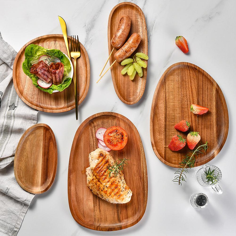 1PC Irregular Oval Wooden Dinner Plate Serving Tray Solid Wood Dinner Plates For Dishes Snack Fruit Dessert Home Decoration