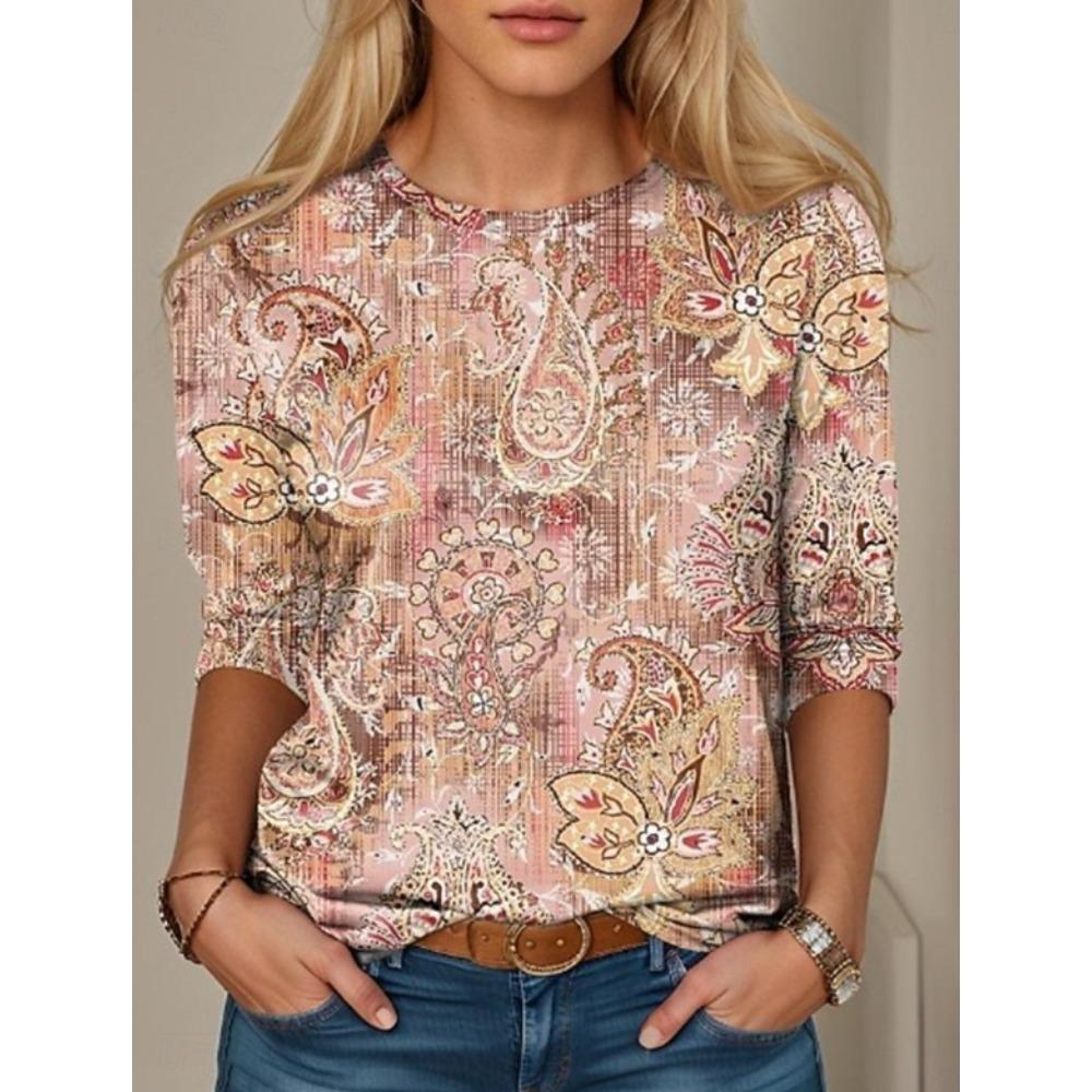 Tops for Women Geometric Pattern Print  Round Neck Long Sleeve T-shirt Fall Casual Slim Pullover Women's Long Sleeve Top