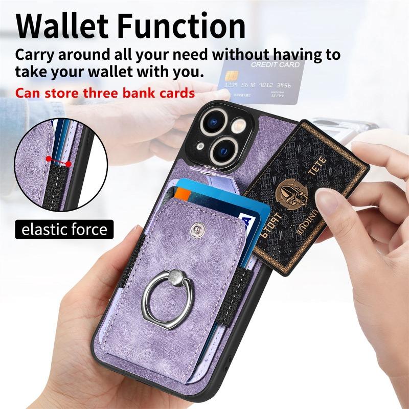 Retro Metal Ring Car Mount Magnetic Card Holder Pu Leather Phone Case For Iphone 18