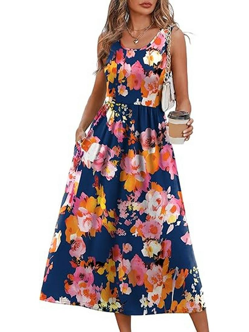Summer Halter Print Maxi Dress with Pockets - Women s Sleeveless European and American Style S