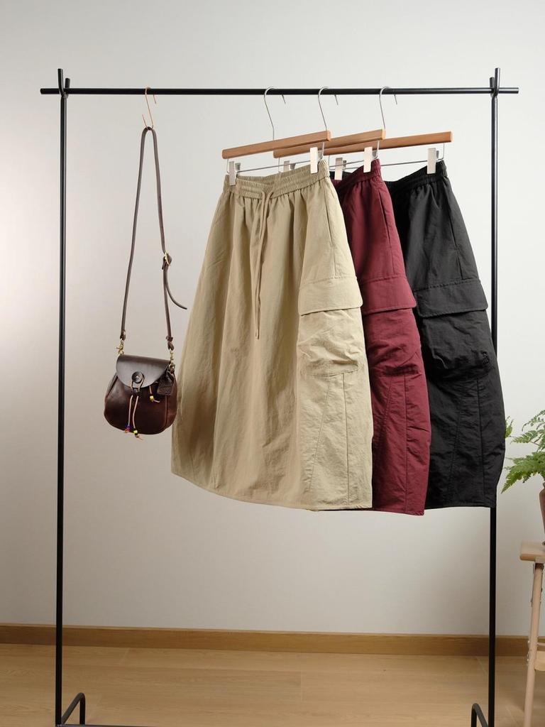 Artistic Japanese Quilted Winter Skirt - Casual Elastic Waist, Solid Color, Drawstring Half Skirt