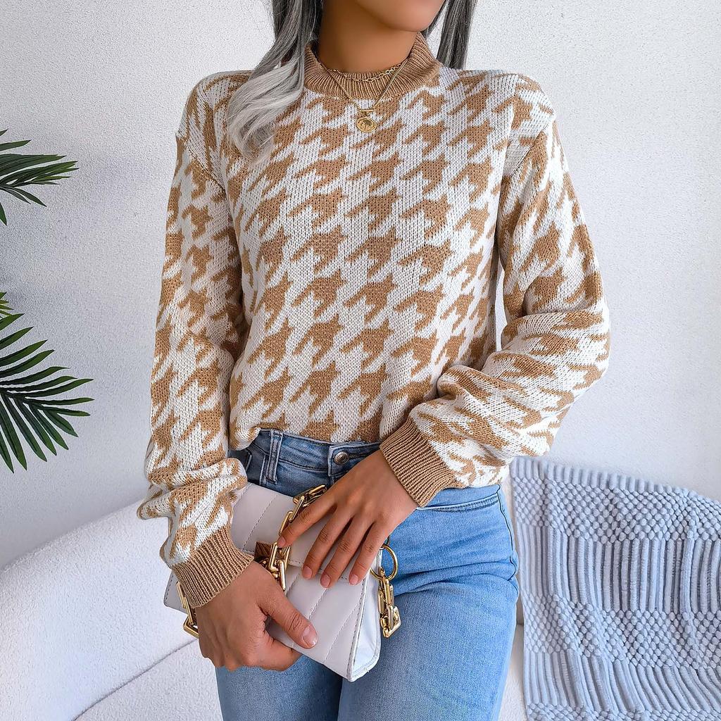 Women's Autumn/winter Fashion Casual Plaid Long Sleeve Turtleneck Pullover Knit Sweater