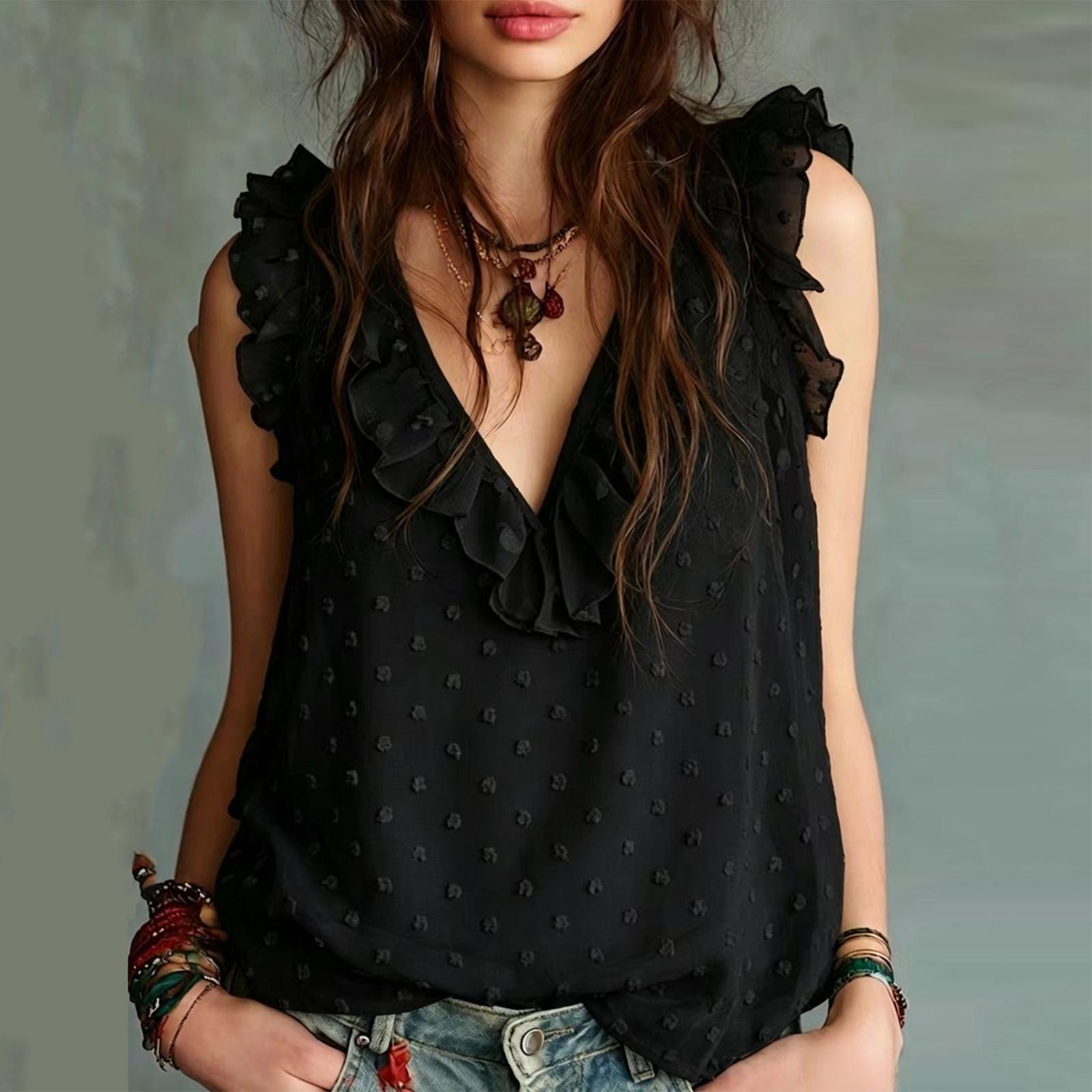 Women s Casual Sleeveless V-Neck Top with Ruffled Hem Color for Summer XXL