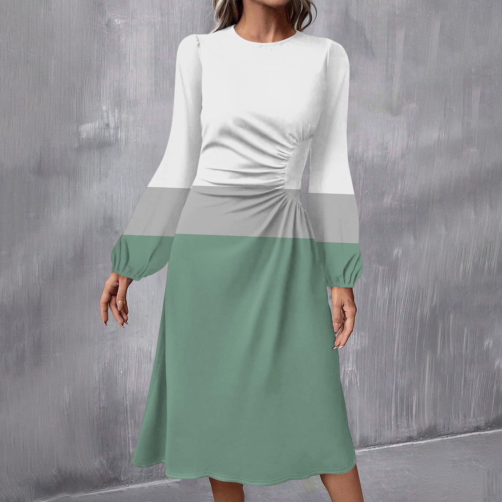 

Женское модное повседневное платье миди с круглым вырезом и длинными рукавами XL