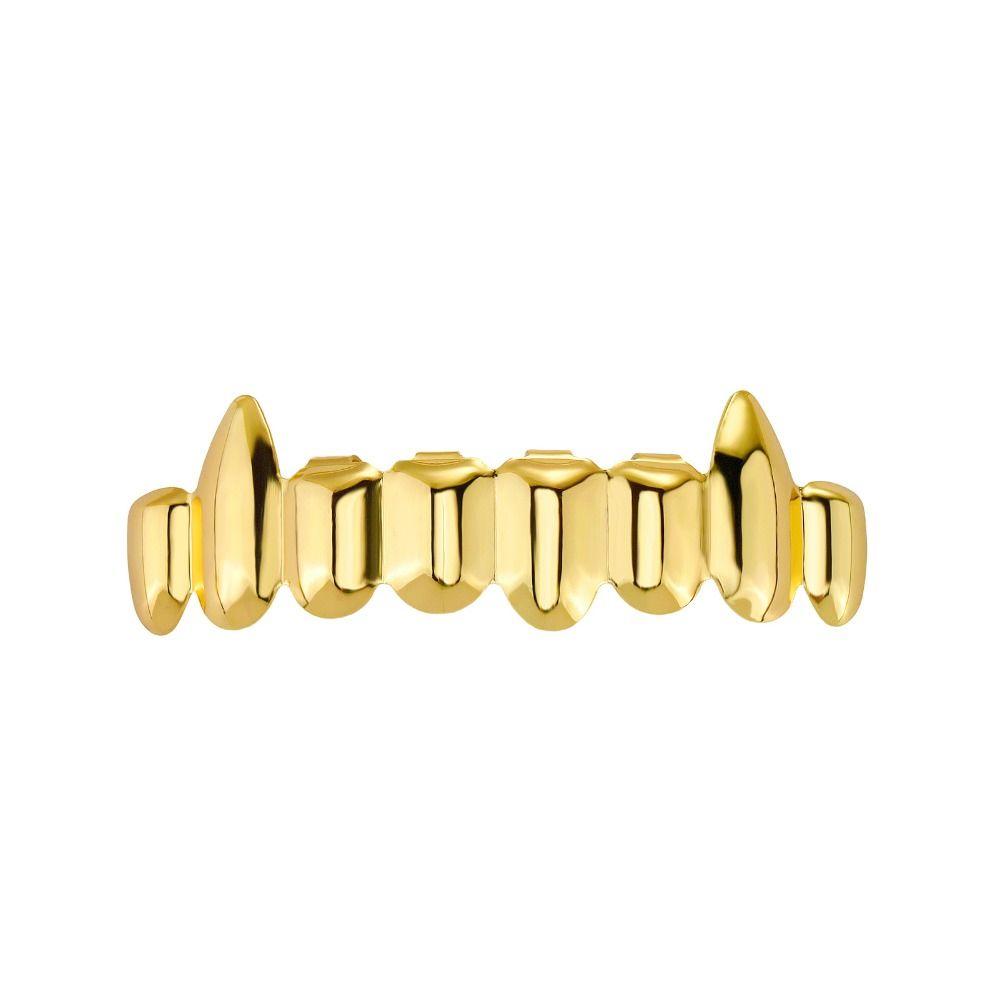 18K Gold Fangs Glossy Teeth Hip Hop Mouth Tooth Caps Classic Teeth Grillz Top Bottom Set Rapper