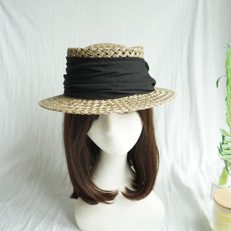 Japanese Retro Japanese Salty Grass Seaweed Woven Flat Top Top Top Top Hat Women'S Summer Shading Vacation Panama French Straw Hat