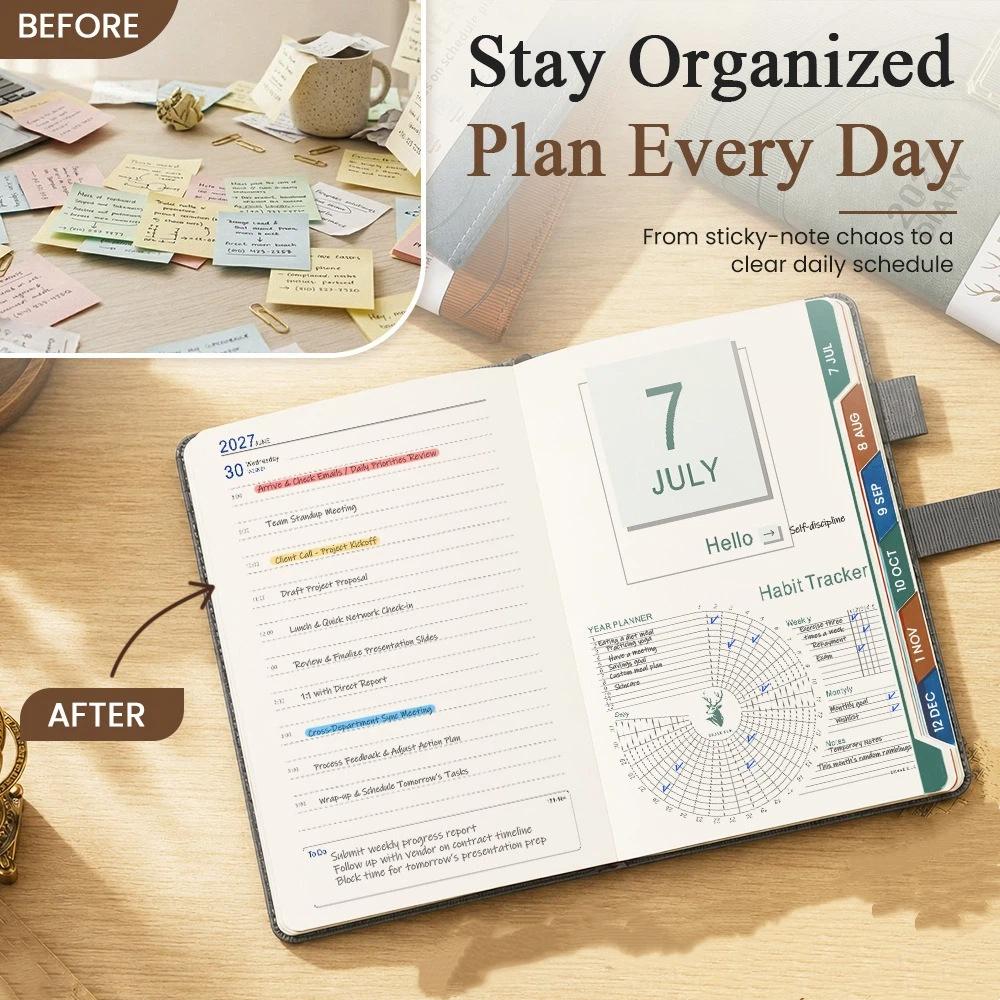 Hardcover Portable Daily Planner PU Leather Cover Agenda Planning Notebook  Self-discipline