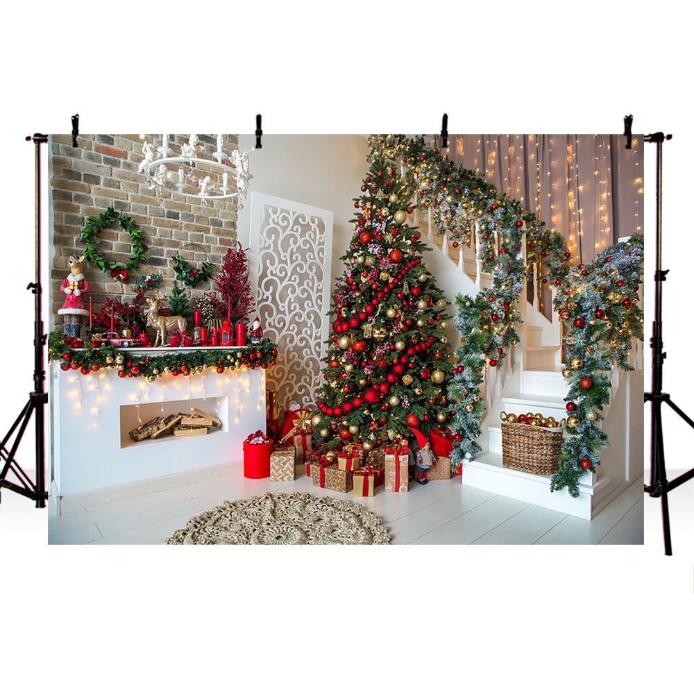 Christmas Tree Stairs Photography Backdrops Wooden Floor Fireplace Portrait Vinyl Photographic Background Photocall Photo Studio