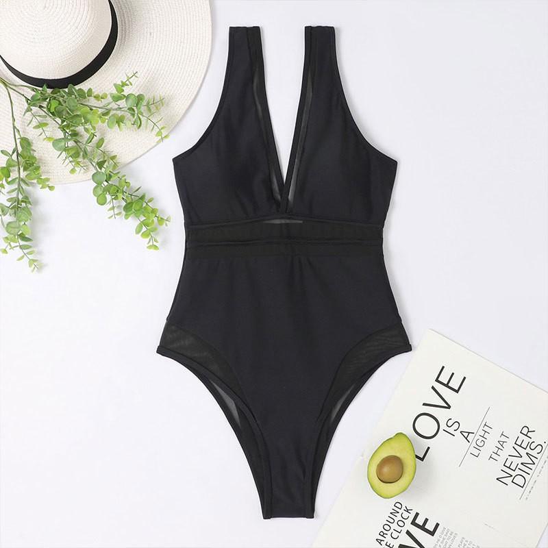 Fashionable Solid Color V-neck One-piece Swimsuit Women Sexy Tight Hot L