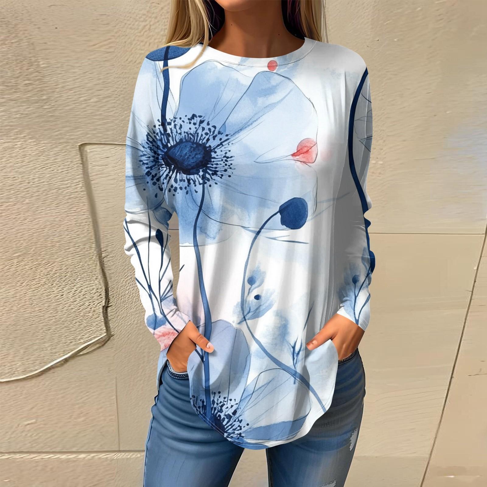 

Женская мода с длинным рукавом и круглым вырезом, винтажный асимметричный пуловер XL небесно-голубой