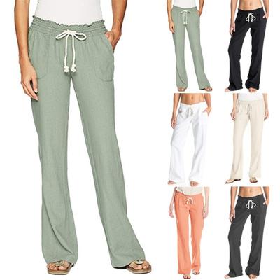 Soft Cotton Linen Women's Pants Solid Color Lace Up Loose Casual Wide Leg Pants for Women Trousers Women’s