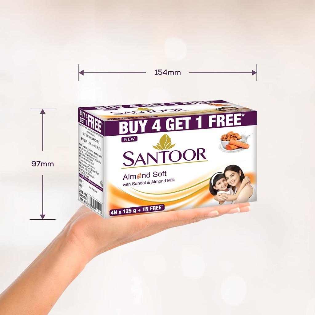 Santoor Sandal and Almond Milk Soap Pack of 2 Deep Moisturizing Bath Bars for Bright and Glowing Youthful Skin