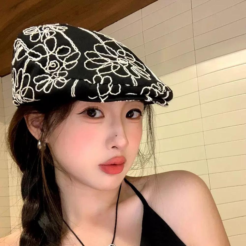 Casual Versatile Forward Cap Flower Embroidery British Hat Fashion Beret For Lady Girl
