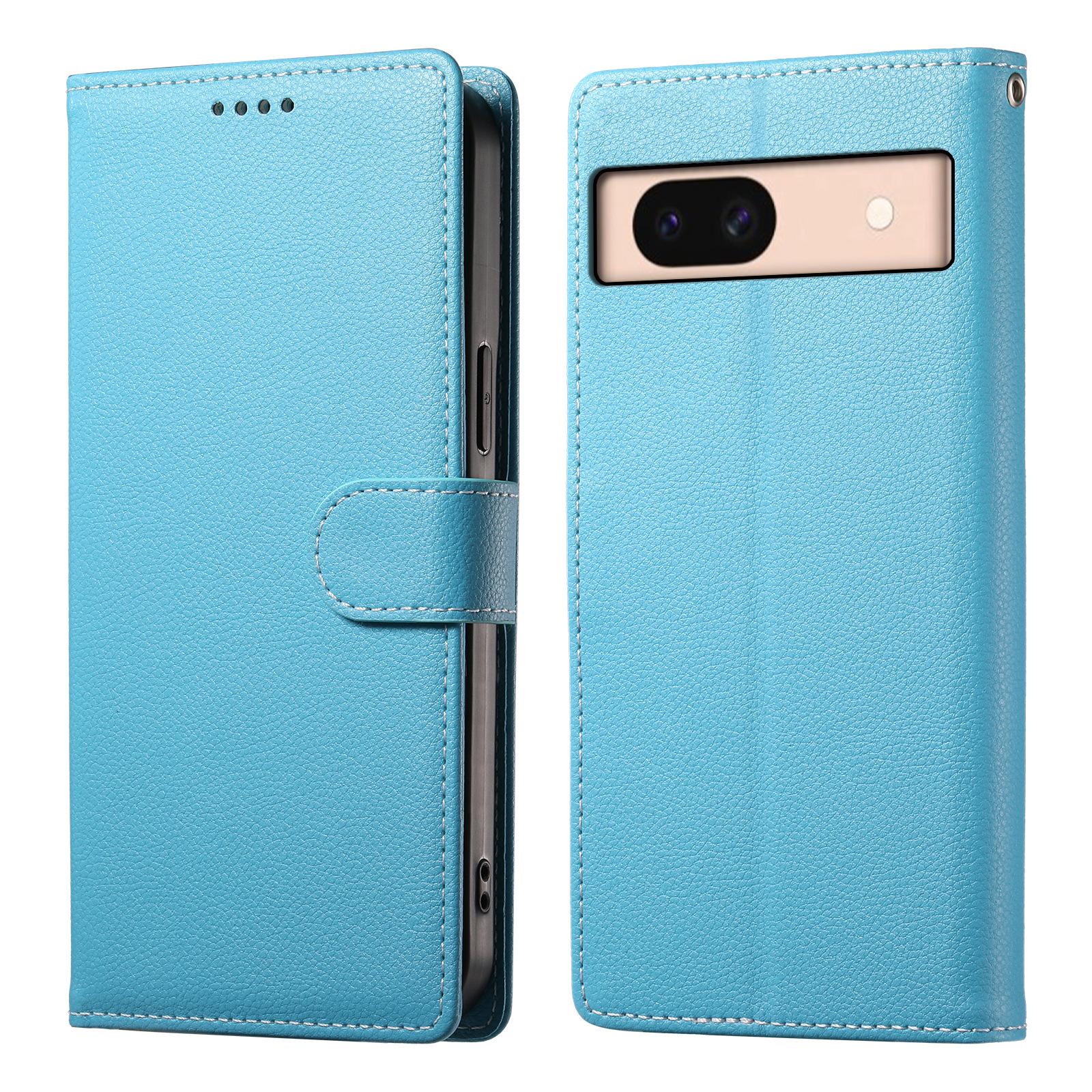 

DF-012 Чехол для Google Pixel 8a Кожа с текстурой личи Магнитная застежка Кошелек Подставка Чехол для телефона с ремешком на запястье Sky Blue