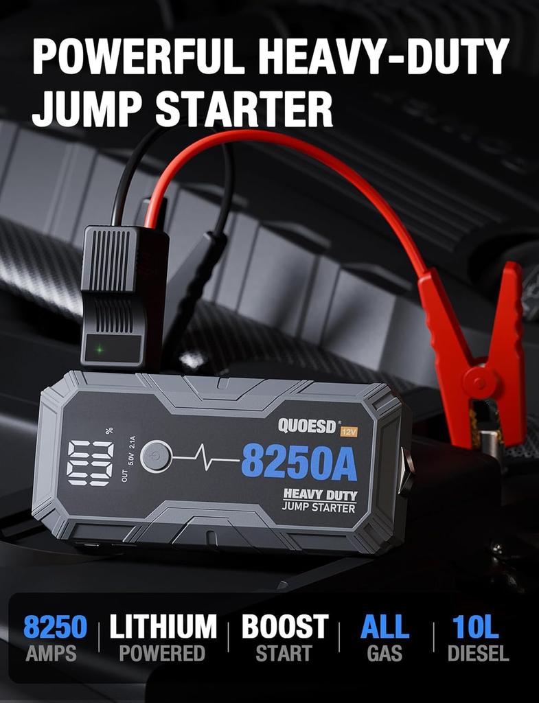 8250A Jump Starter 12V Portable Car Booster with 60W Power Bank, 48-Month Standby, for Gas & 10L+ Diesel