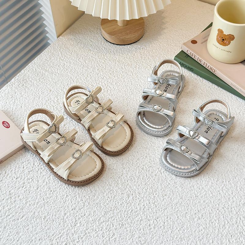 Girls Beach Shoes Open Toes Sweet Bows Kids Sandals Hook&loop Versatile 2025 Summer New Children Princess Shoes Toes Capped Ins