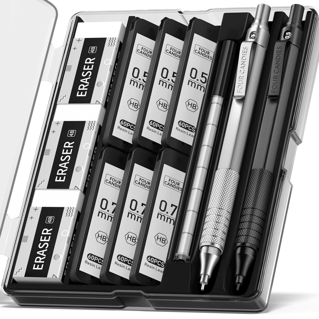 Four Candies Metal Mechanical Pencil 2-Piece Set 0.50.7 Mm Pencils 360 HB Replacement Leads Eraser Case Included Stationery Black Silver